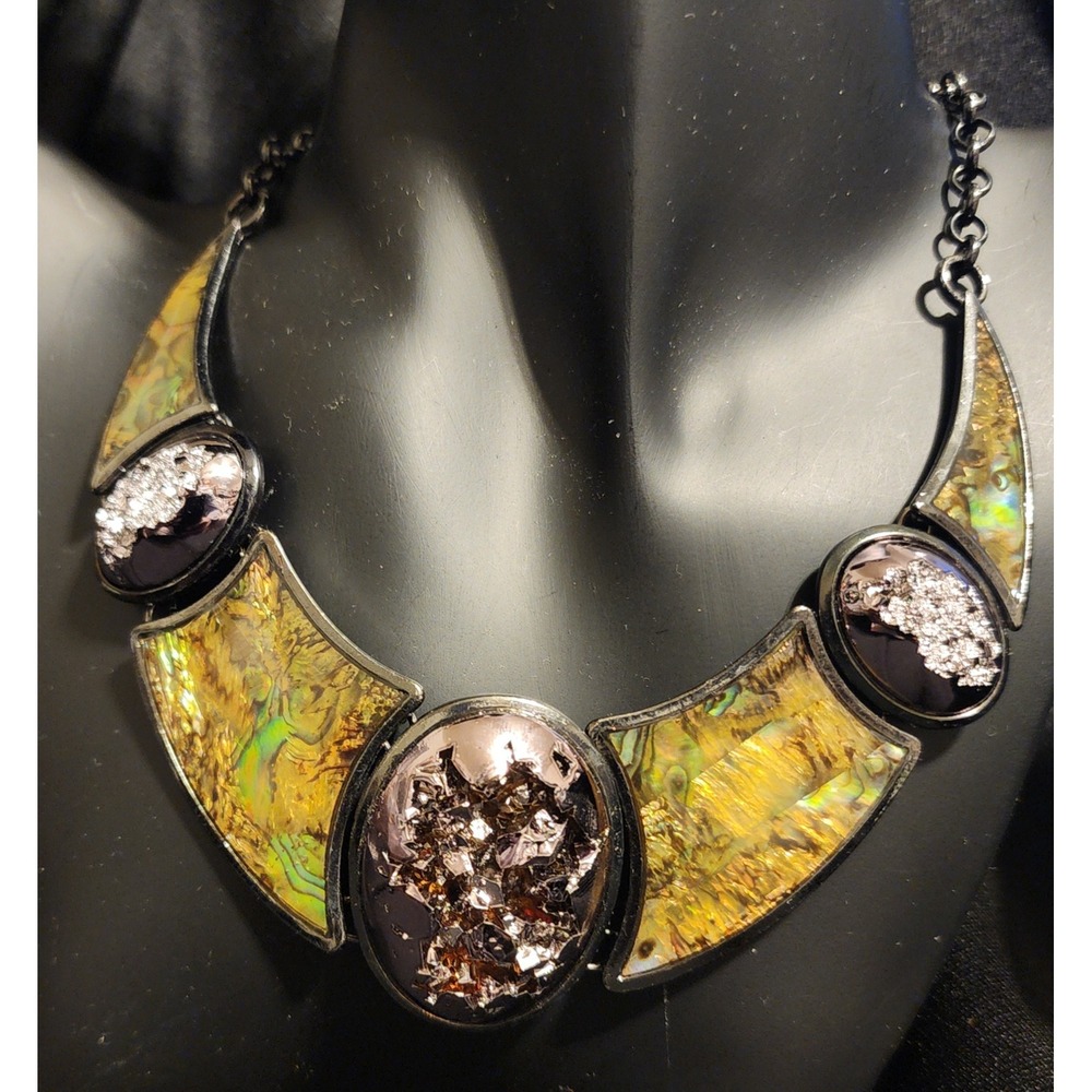 Gunmetal Abalone Shell Bib Statement Necklace Iridescent Resin Inclusions 18in